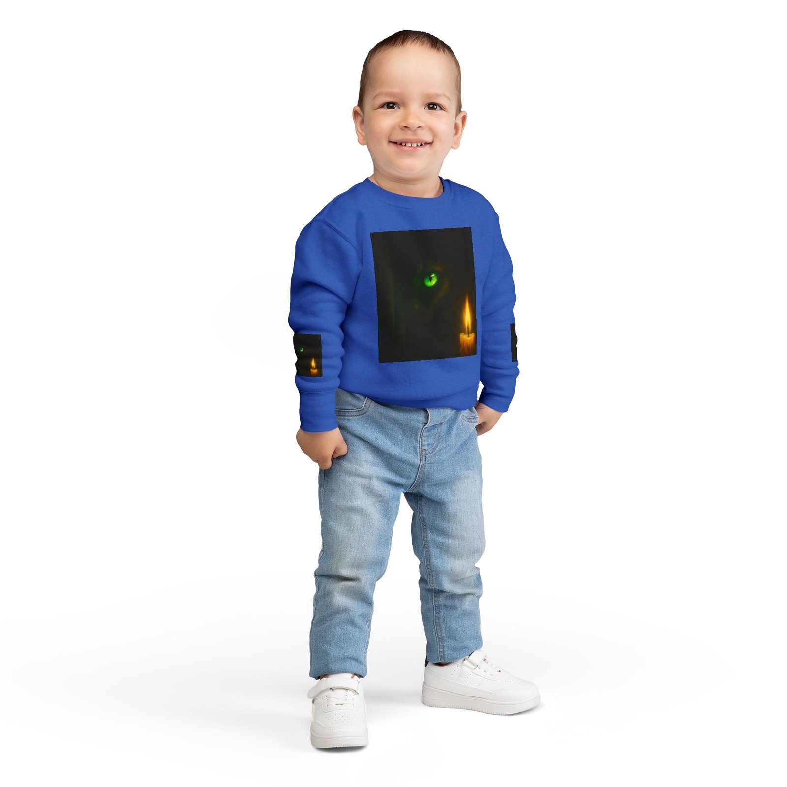 Toddler Sweatshirt - Green-Eyed Cat with Candle & Crown Graphic - Image 16