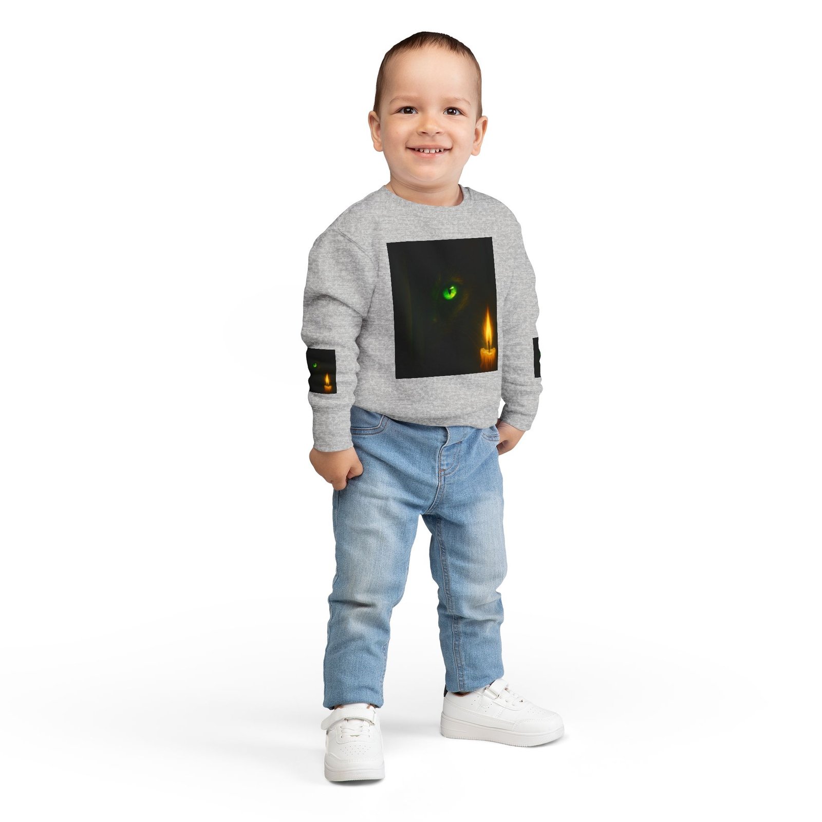 Toddler Sweatshirt - Green-Eyed Cat with Candle & Crown Graphic - Image 8
