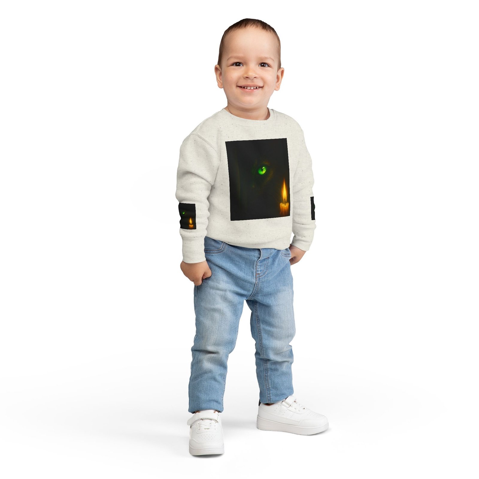 Toddler Sweatshirt - Green-Eyed Cat with Candle & Crown Graphic - Image 4