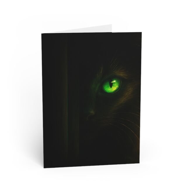 Greeting Card — Mystical Black Cat with Glowing Green Eyes (King Cat Crown)
