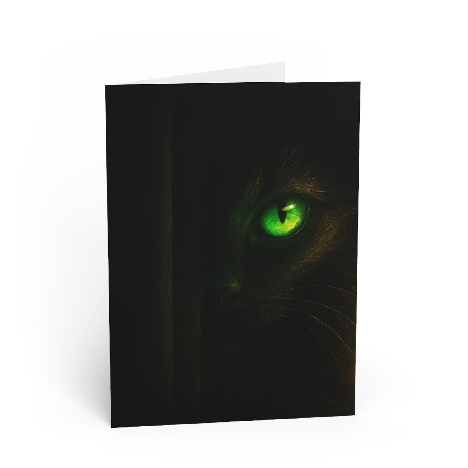 Greeting Card — Mystical Black Cat with Glowing Green Eyes (King Cat Crown)