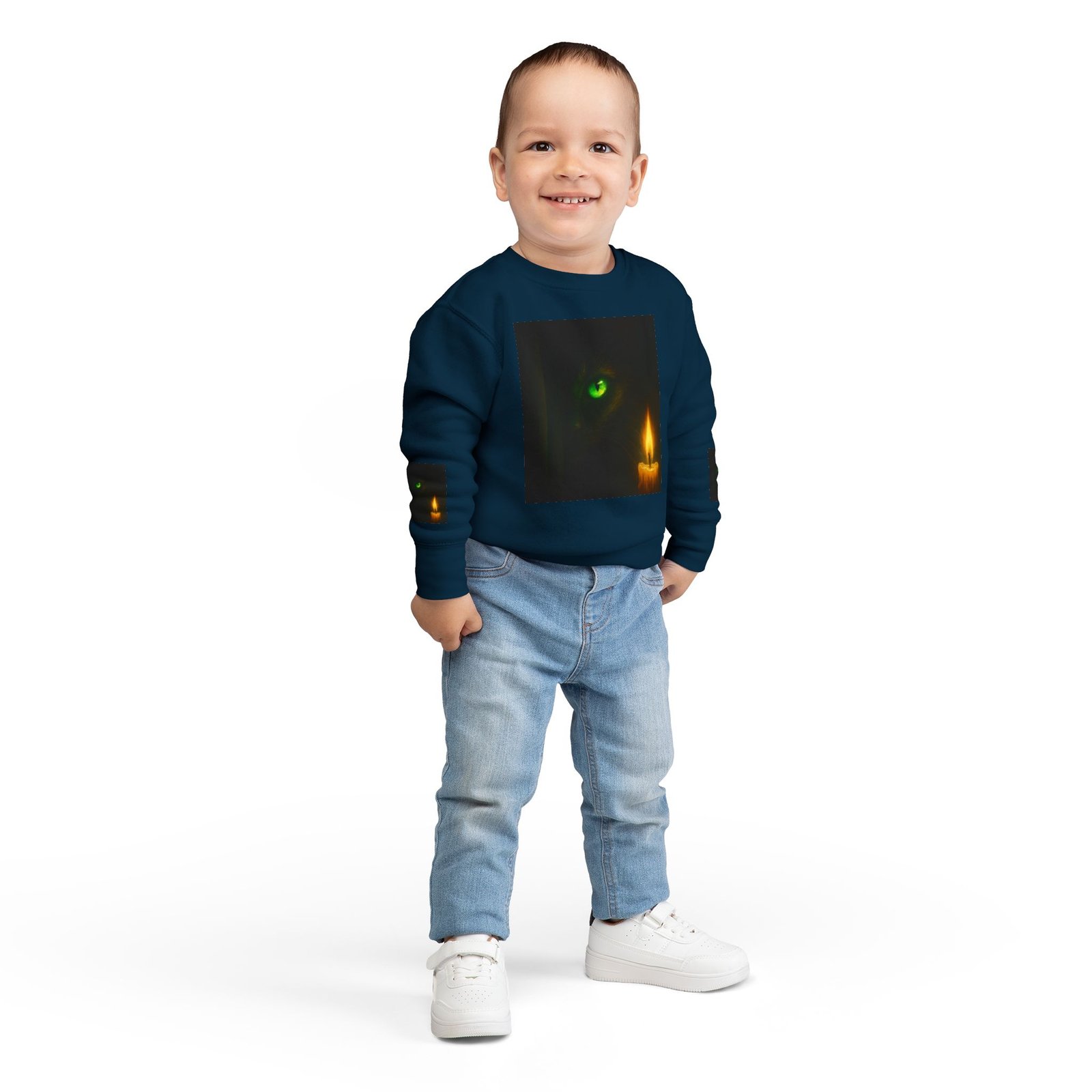 Toddler Sweatshirt - Green-Eyed Cat with Candle & Crown Graphic - Image 24