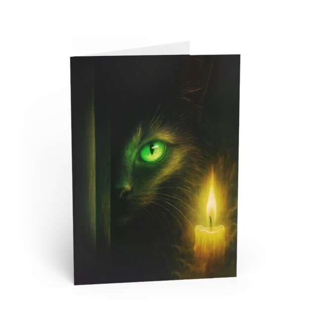 Greeting Card — Mystical Black Cat with Glowing Green Eyes (King Cat Crown)