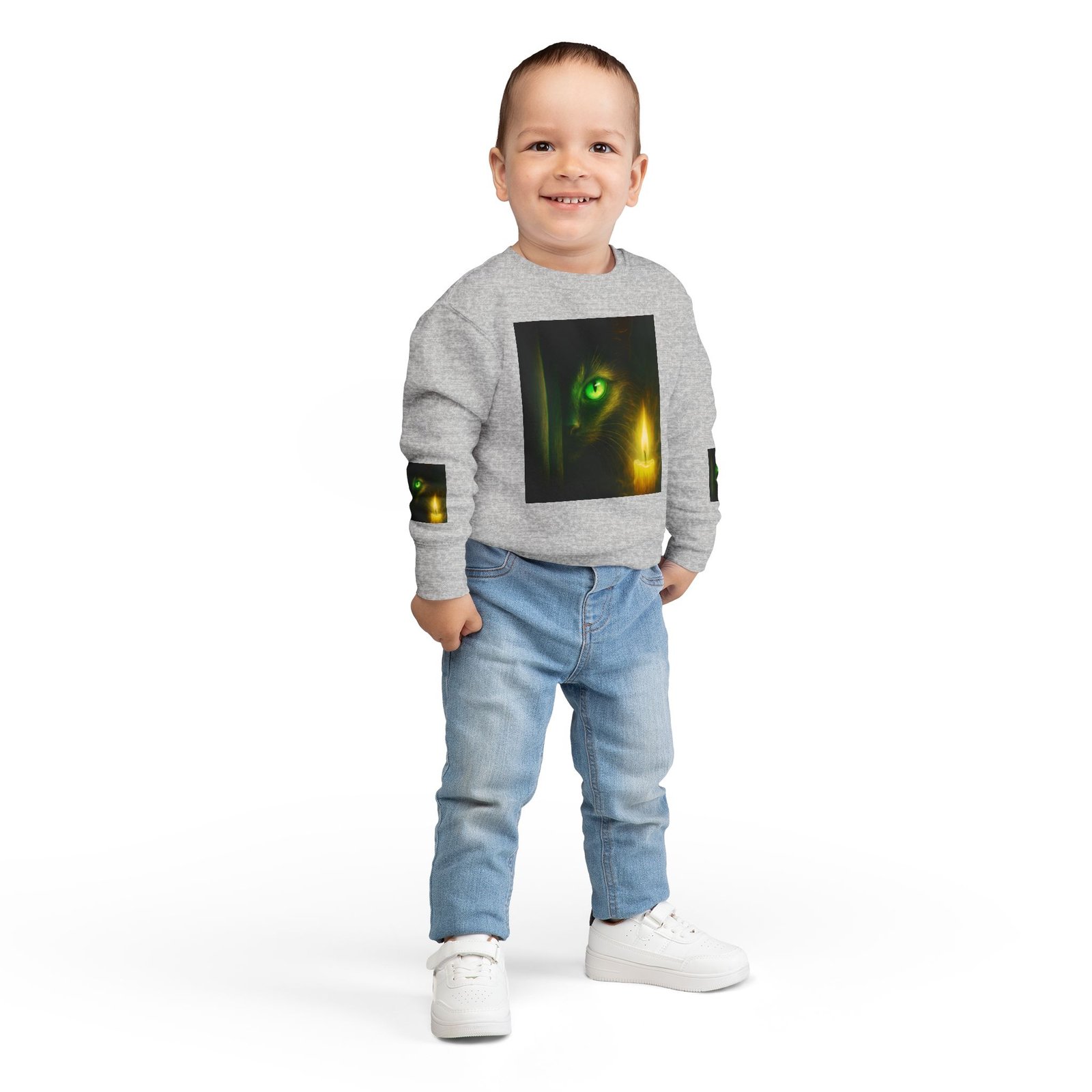 Toddler Sweatshirt - Green-Eyed Cat with Candle & Crown Graphic - Image 8