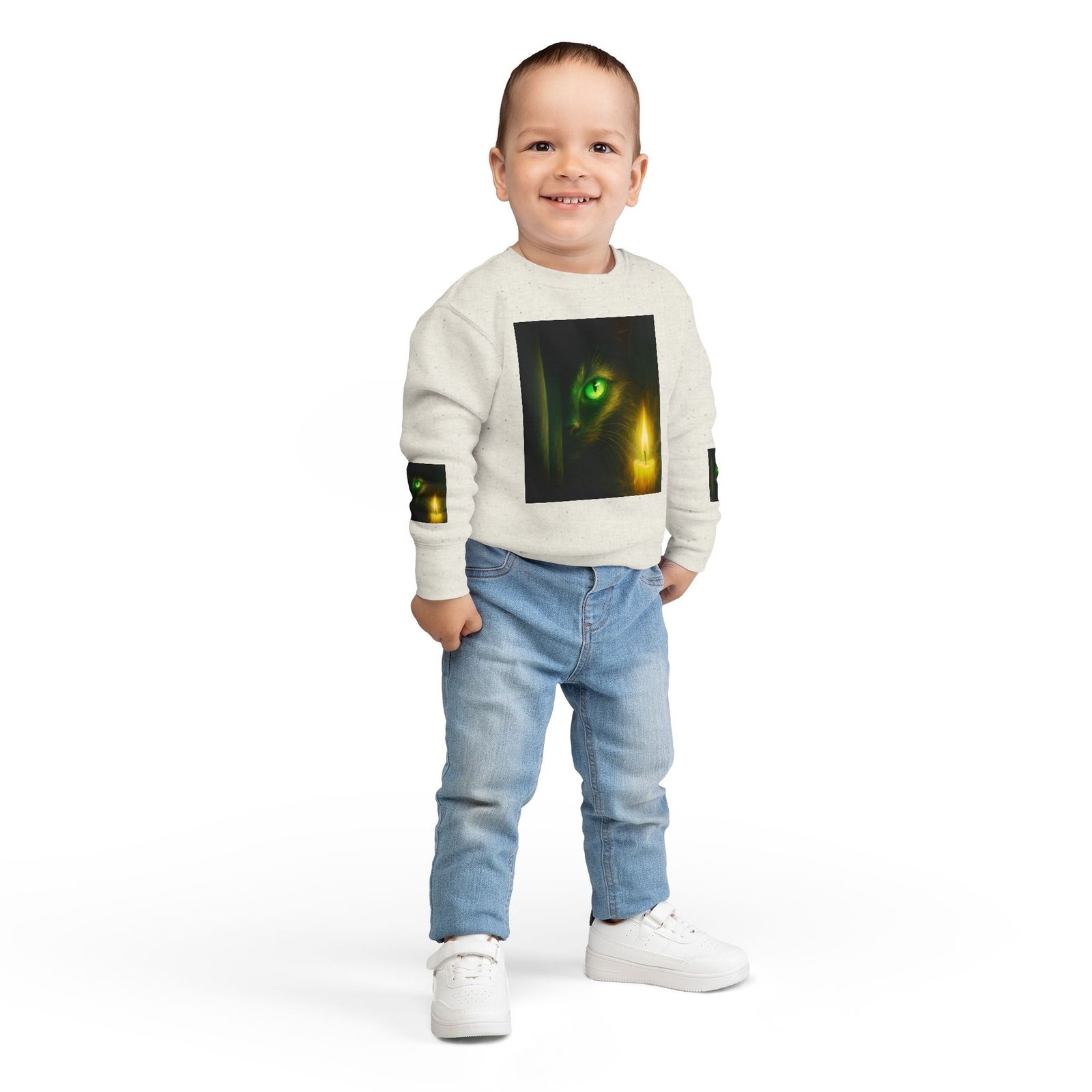 Toddler Sweatshirt - Green-Eyed Cat with Candle & Crown Graphic - Image 4