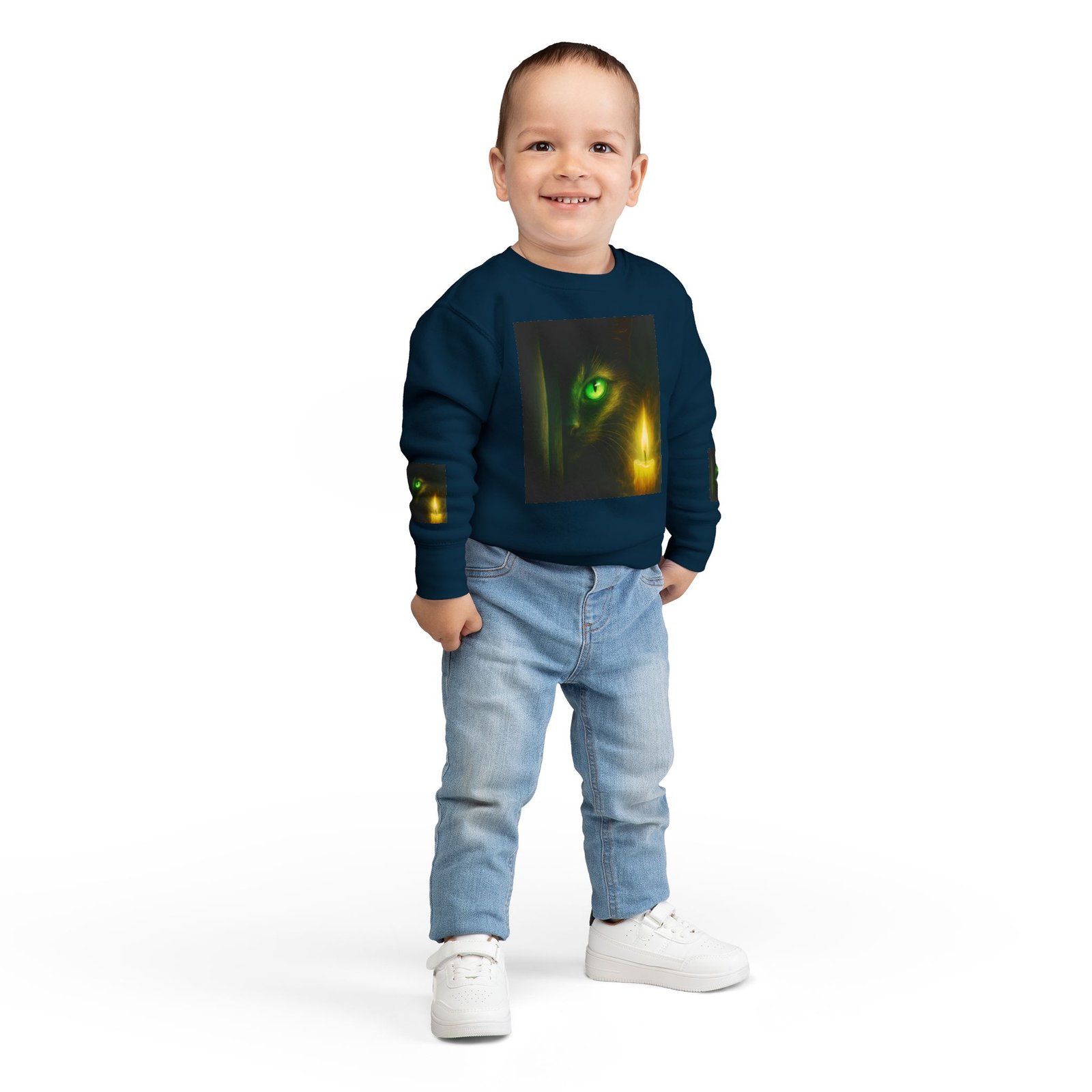 Toddler Sweatshirt - Green-Eyed Cat with Candle & Crown Graphic - Image 24