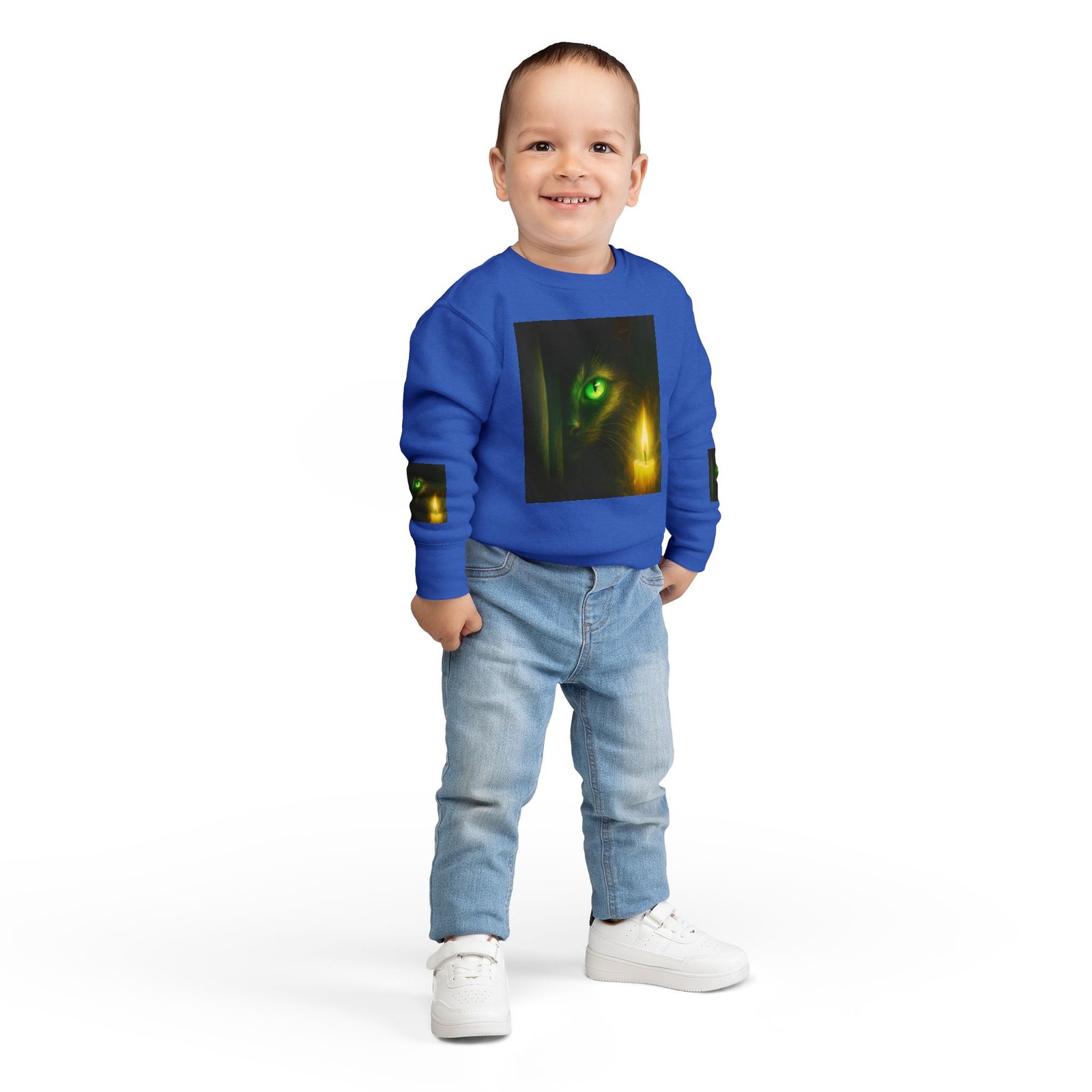 Toddler Sweatshirt - Green-Eyed Cat with Candle & Crown Graphic - Image 16