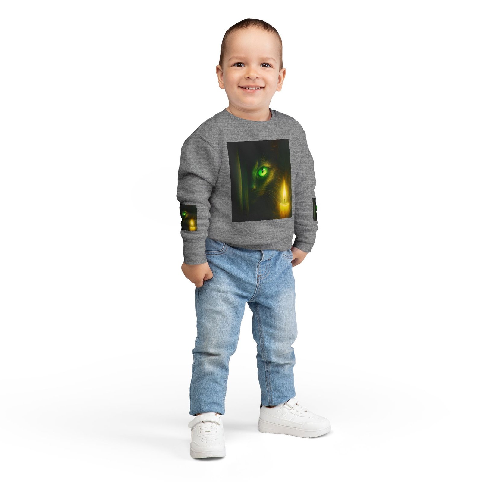 Toddler Sweatshirt - Green-Eyed Cat with Candle & Crown Graphic - Image 12